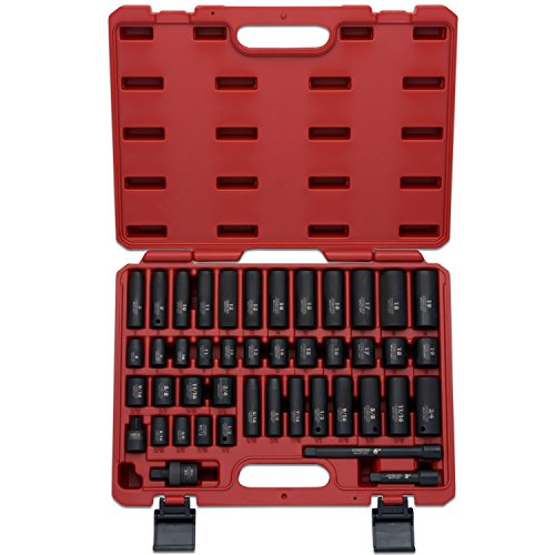 NEIKO 02440A 38InchDrive Impact Socket Set SAE Sizes 516 to 34 and Metric Sizes 8 mm to 19 mm Includes Extension Bars and UJoint 44 Pieces