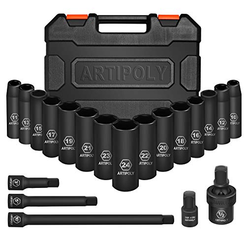 ARTIPOLY 12 Drive Deep Impact Socket Set 20PCS 6 Point Metric Sizes (1024mm) Socket Kit with 3 5 10 Impact Extension Bar 38 to 12 Adapter12 Universal Impact JointCRV Steel