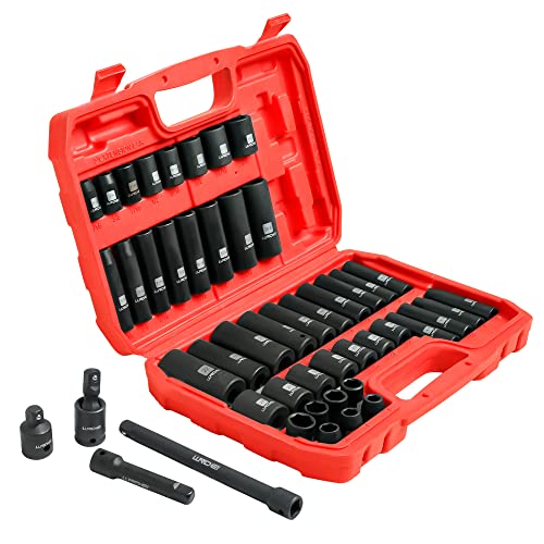 LLNDEI 38 Drive Impact Socket Set SAE and Metric (516 34  822mm) 48pcs  CRV Steel 6 Point Sockets Extension Bar (3in 6in) 38 to 12Adapter 38Universal Joint