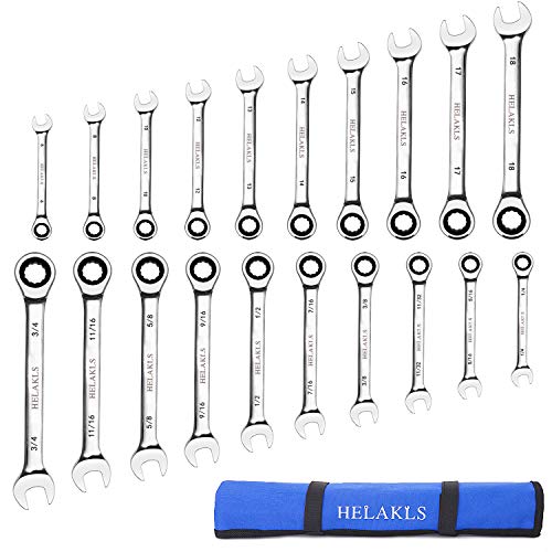 HELAKLS 20Piece 618MM 1434 Inch MetricSAE Ratcheting Wrench Set Box Open End Combination Gear Wrench Spanner Tools for Mechanic 72Tooth