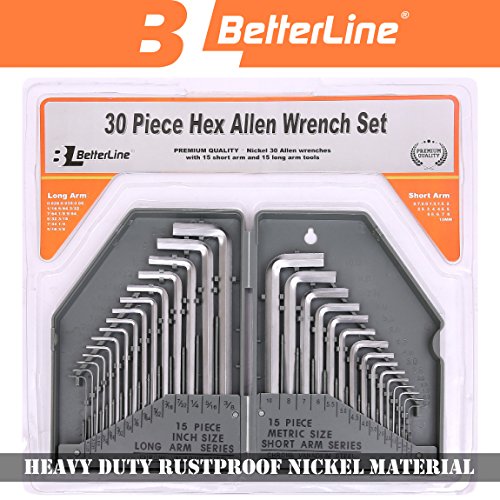 Heavy Duty Rustproof 30-Piece Hex Key Allen Wrench Set by Better Line - 15 Long Arm Inches and 15 Short Arm Metric Allen Keys - Durable Nickel Metal Grey - Comes in Strong Plastic Case